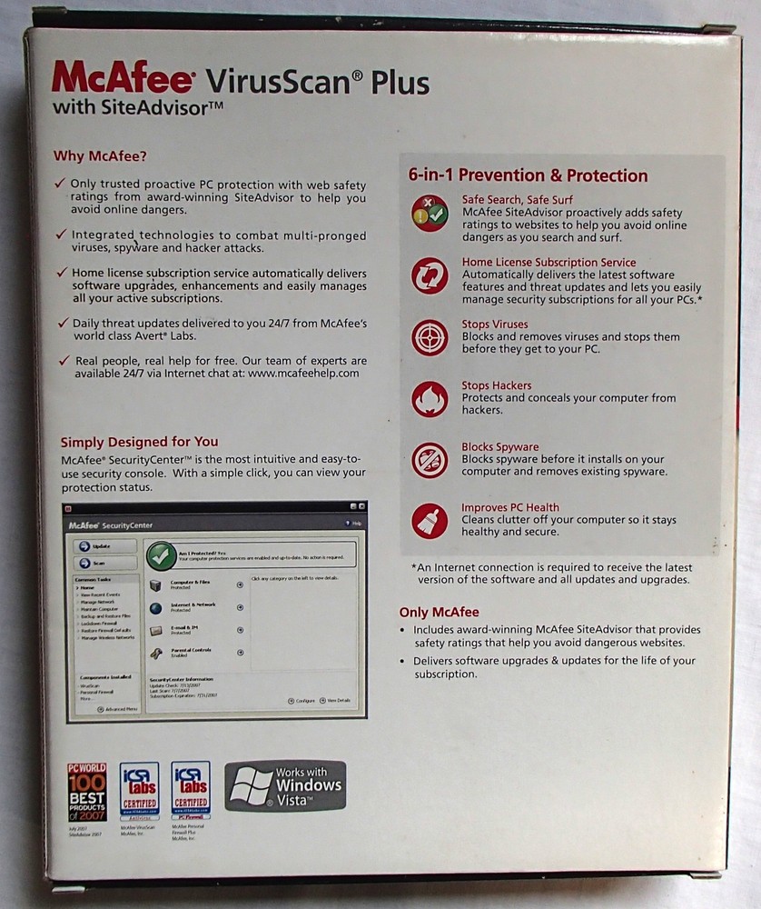 McAfee Virus Scan Plus Site Advisor CD for Windows 2007 Vintage Software