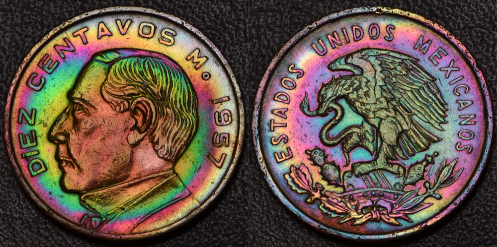 1957 Mexico 10 Centavos RAINBOW TONING (60-76)