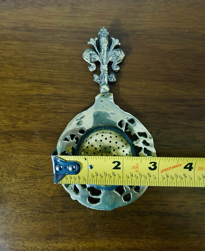 Silver-Plated Brass Tea Strainer Fleur-De-Lis Handle 5.5" Over Cup Vintage