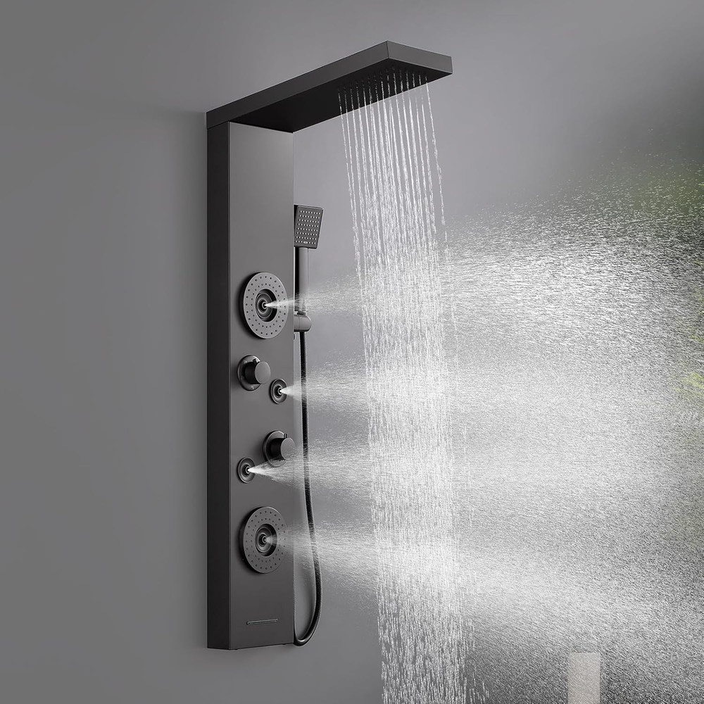Elegant Matte Black Shower Panel with Rainfall, Jets & Handheld Spout