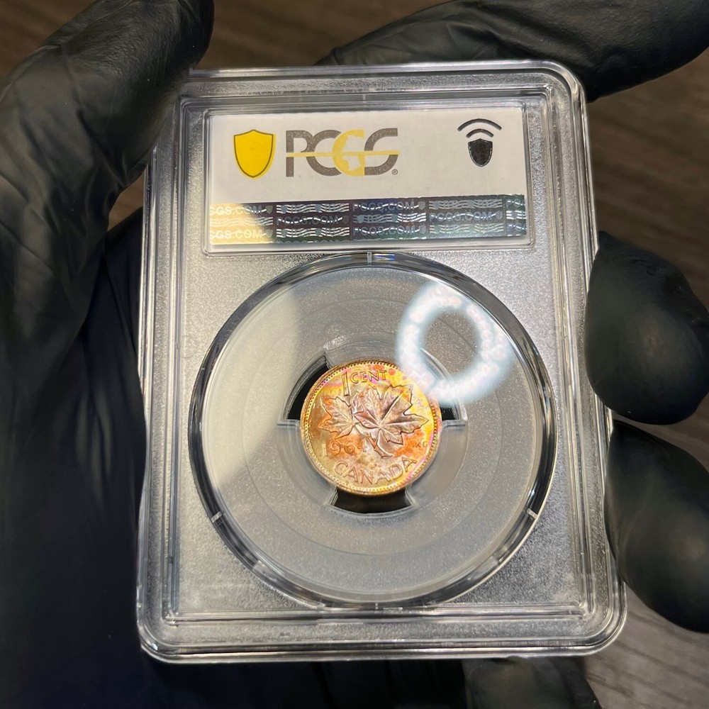 MS64RB 1964 Canada 1C Maple Leaf Cent, PCGS Trueview- Pretty Rainbow Toned