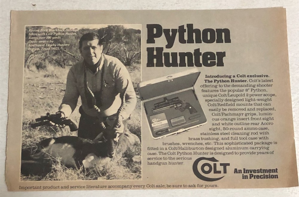1980 Colt Python Hunter Vintage Print Ad pa50