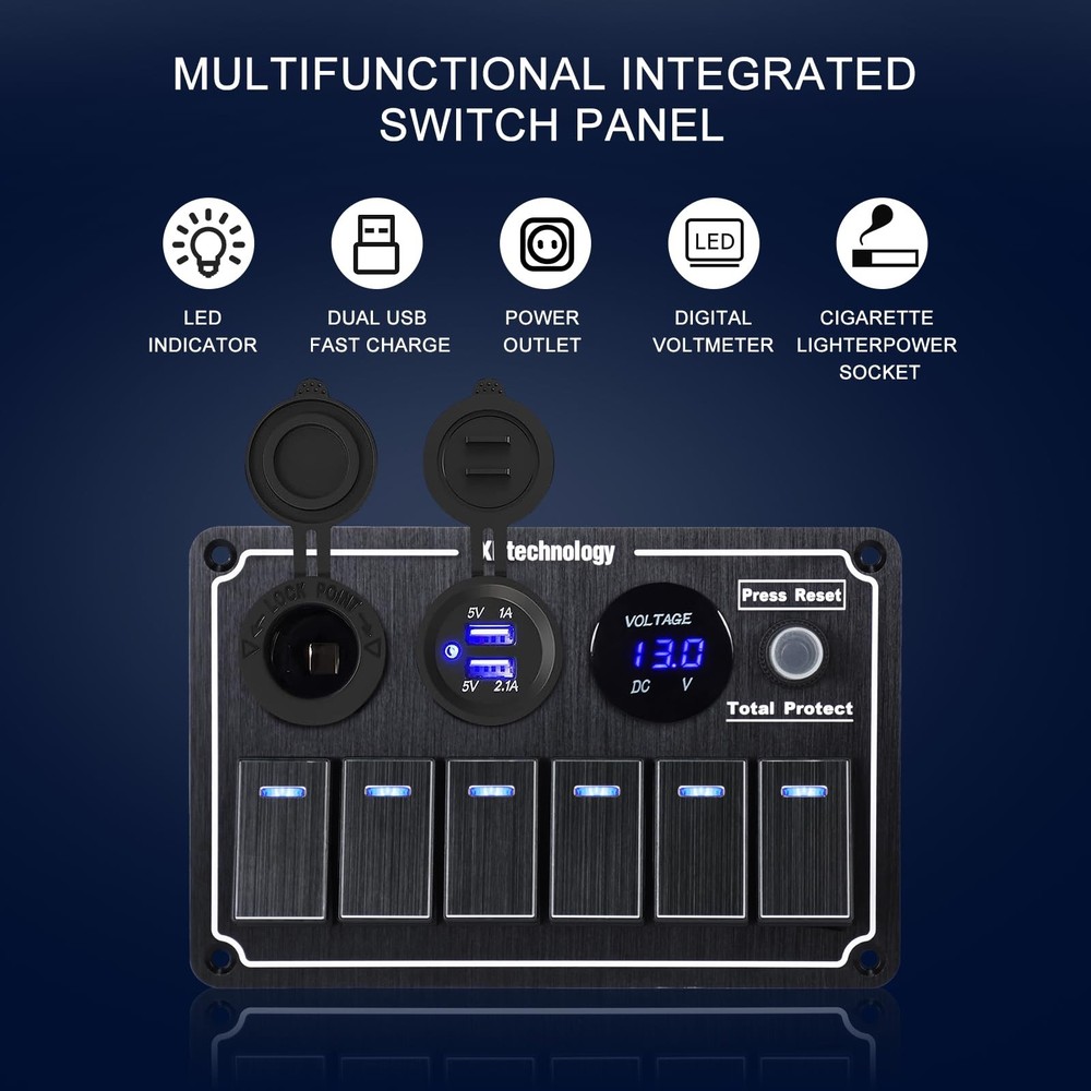 Boat Rocker Switch Panel,Waterproof 6 Gang Toggle Switch Panel with Dual USB ...