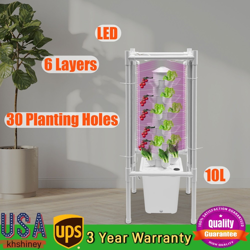 30-Pot Vertical Hydroponic Tower System Set with LED Lighting & Auto-Watering