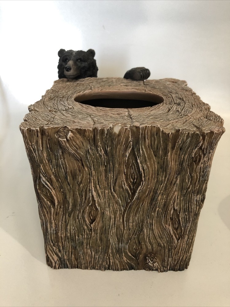 Rustic Black Bear faux bark Tissue Box Cover Cabin Cottage Cube