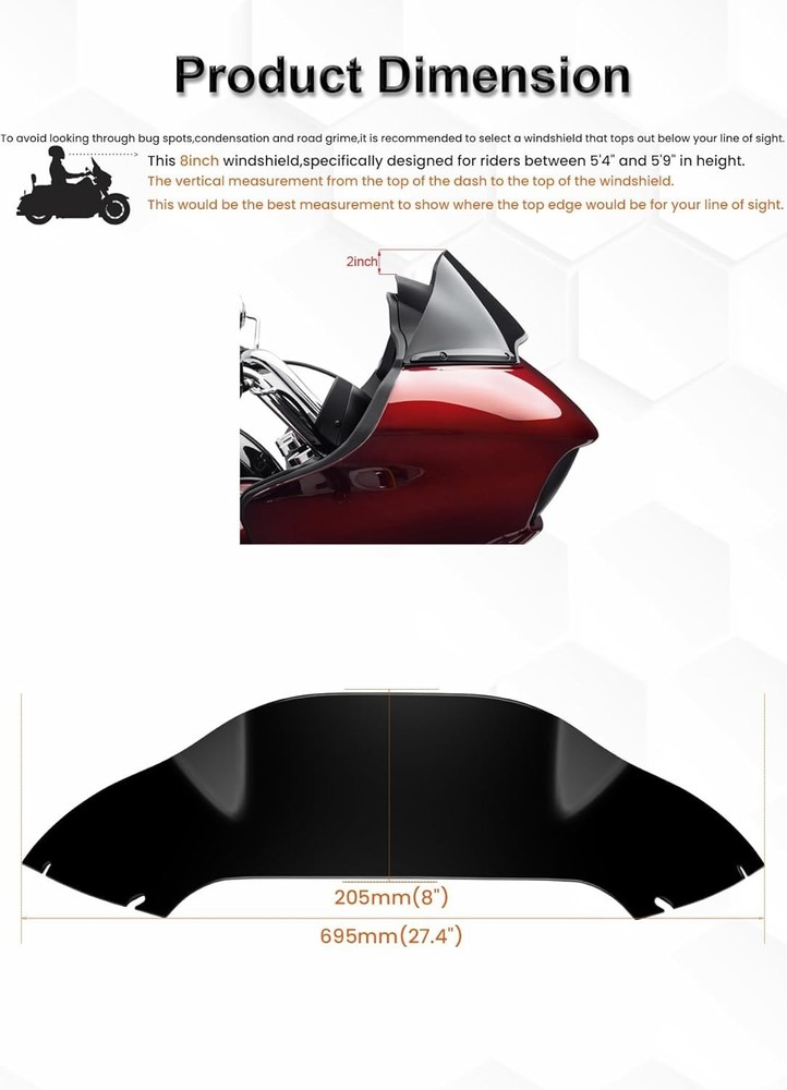 Harley Road Glide 8" Windshield 2015-2024 RG3 Windscreen Black