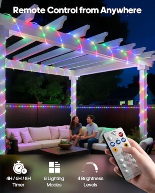 Rechargeable Rope Lights, Outdoor Waterproof String Lights with 39FT Multicolor