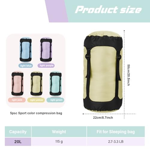 5 Pcs Compression Sacks for Backpacking 20L Camping Sleeping Bag Macaron Colors