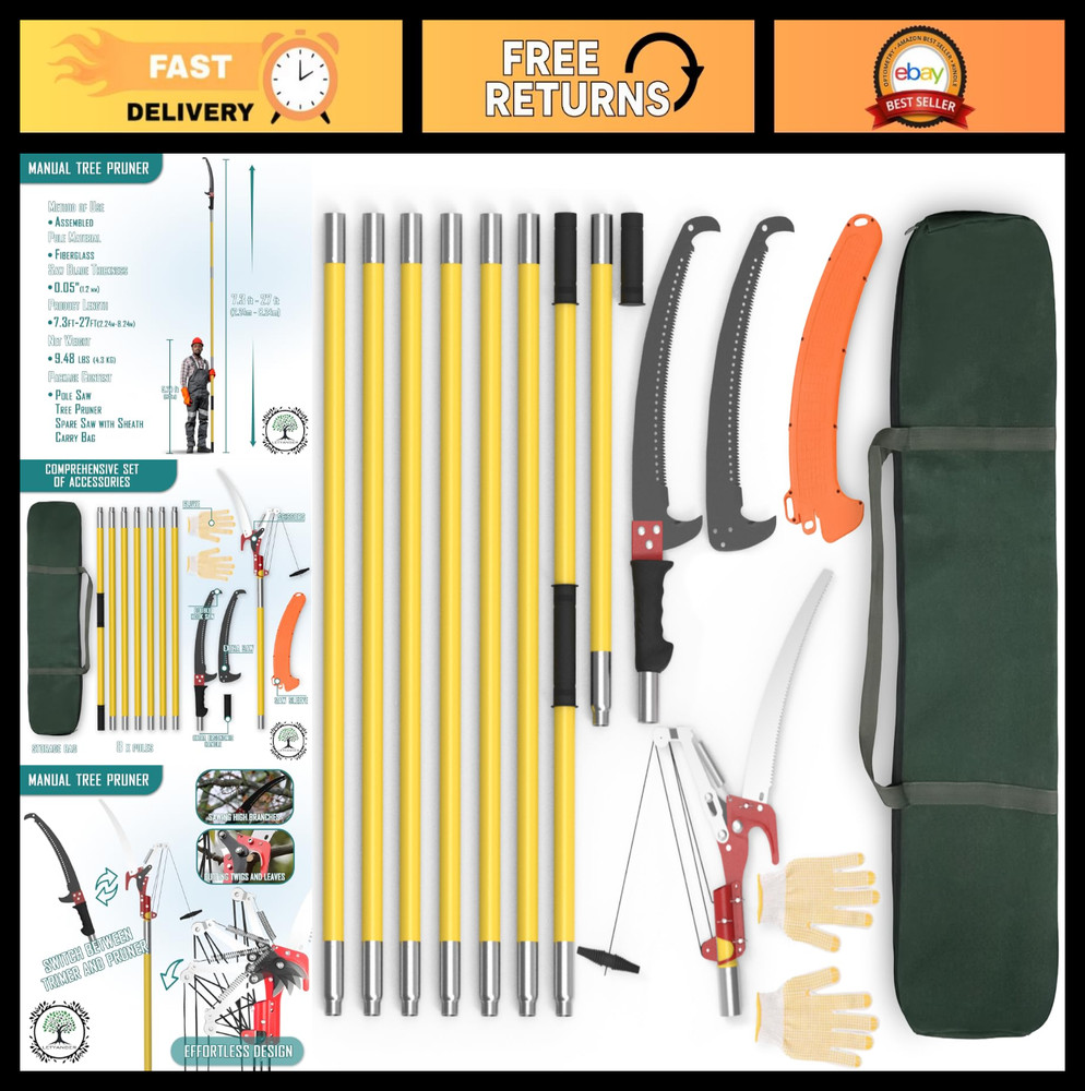 Extendable Pole Saw for Tree Trimming 7.3-27 ft, Sharp Steel Blade & Scissors, L