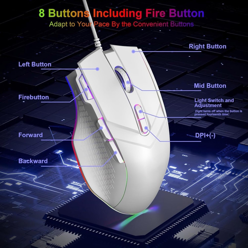 Gaming 6 Adjustable DPI Up to 7200 Wired PC Gaming 8 Programmable Buttons 13 ...