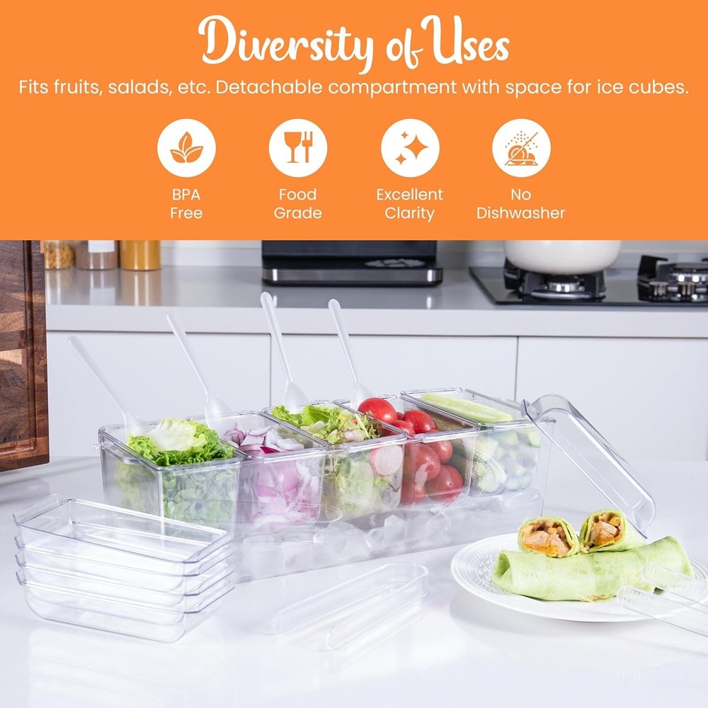 Ice Chilled Condiment Caddy with 5 Removable Containers (2.5 cup) each with Hing