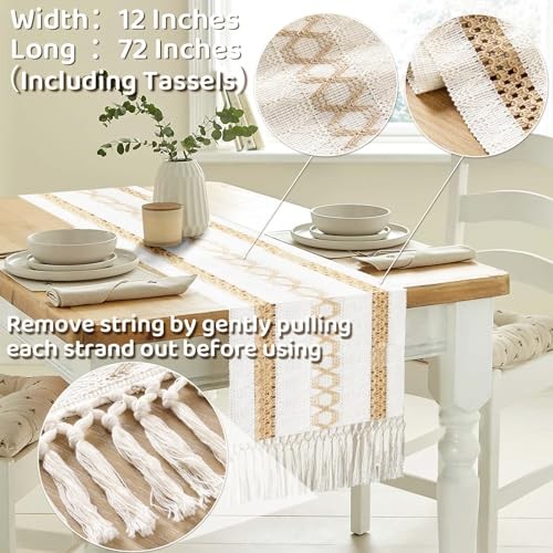 Boho Table Runner 72 Inches Macrame Style Beige & Brown Pinstripe With Tassels