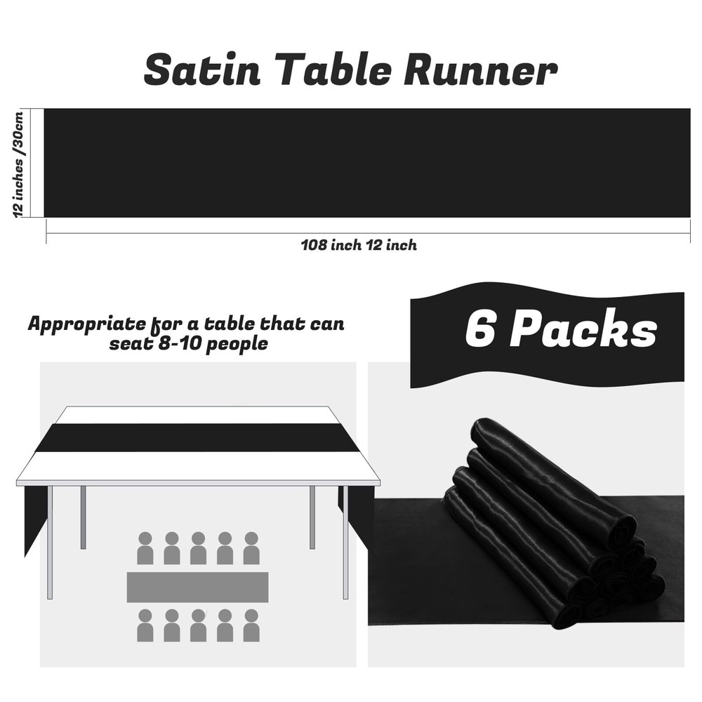 6 Pack Black Table Runners 12 x 108 Inch Rectangular Smooth Satin Silk Table ...