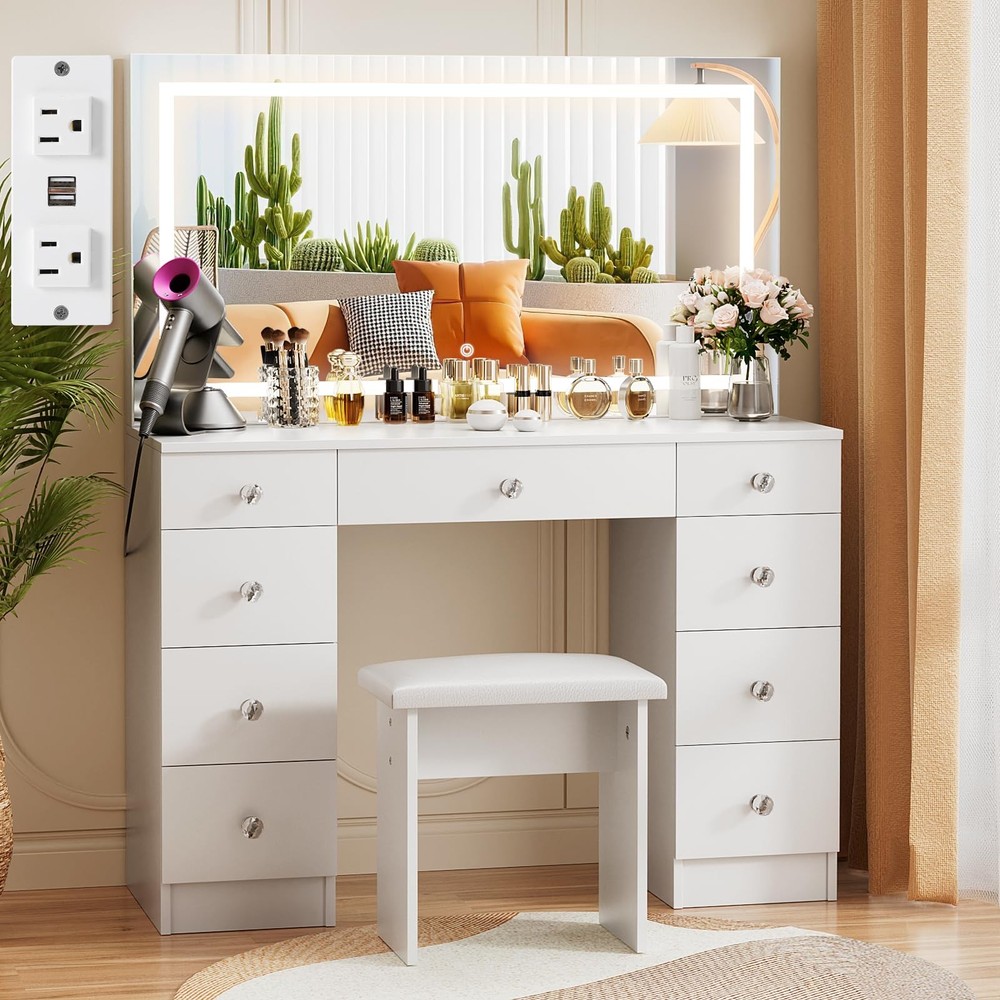 VOWNER Vanity With Lighted Mirror - Makeup Desk Power Large, White