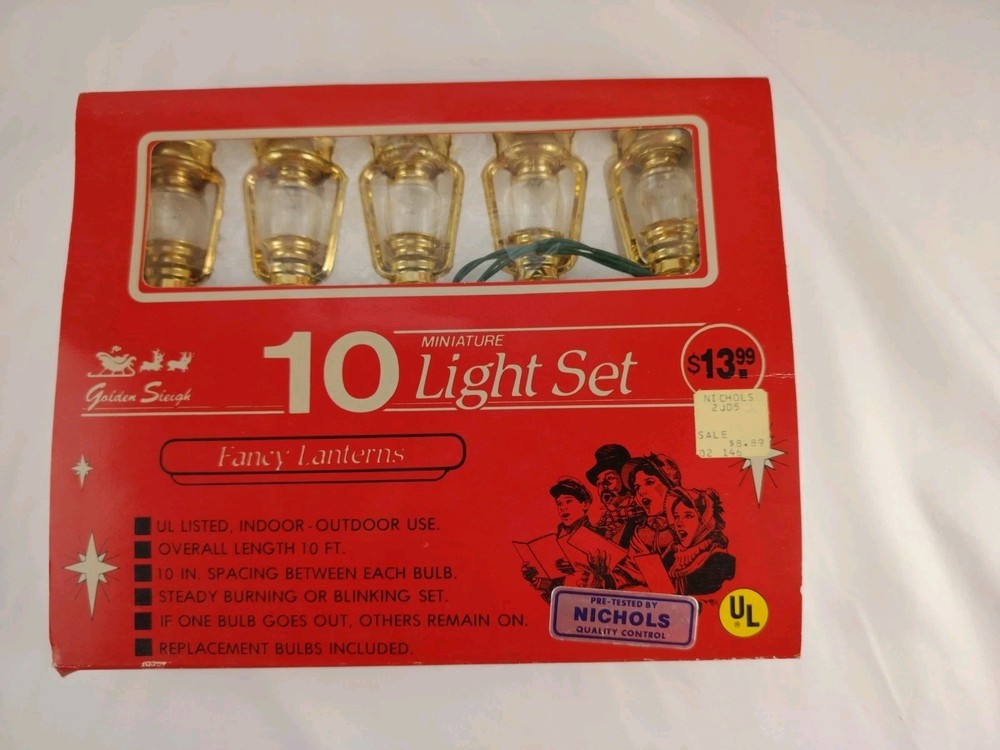 Vtg Gold Lanterns 10 Miniature Blinking Light Set w Box Read