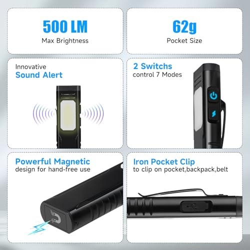 Rechargeable EDC Flashlight with Sound Beeper, Portable Flat Pocket Black