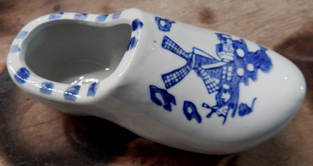 Ceramic Dutch Shoe Planter, Blue And White Windmill, 7 Inch