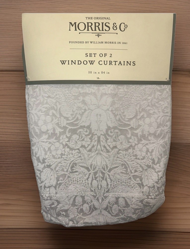 2pc Morris &Co STRAWBERRY THIEF Heavy Window Curtains Panel Drapes White Grey 84