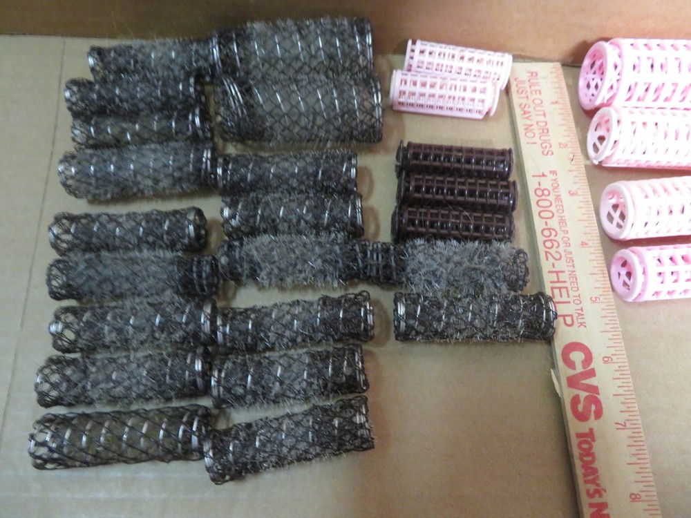 Vintage Brush Mesh Hair Rollers 19 and 11 plastic rollers
