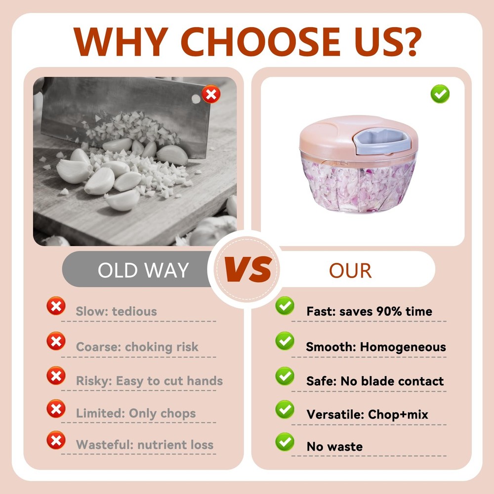 ‌Manual Food Processor Vegetable Chopper, Portable Hand Pull 500ml, Pink