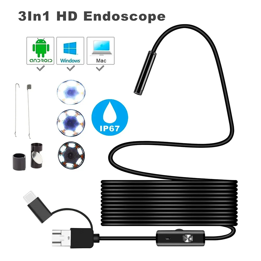 6LED USB Snake Endoscope Borescope HD Inspection Camera Scope For Android Type C