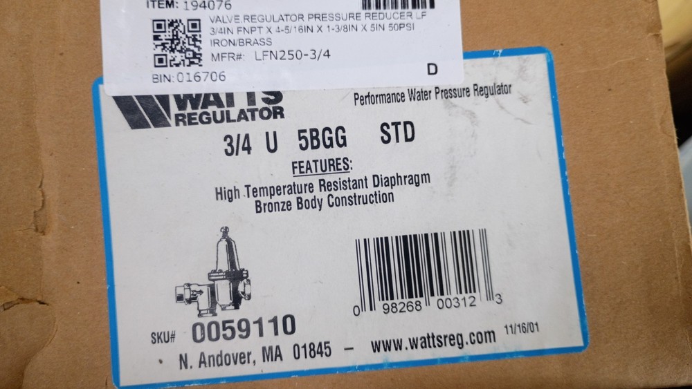 Watts 3/4 inch U5B Water Pressure Reducing Valve 25-75PSI Range