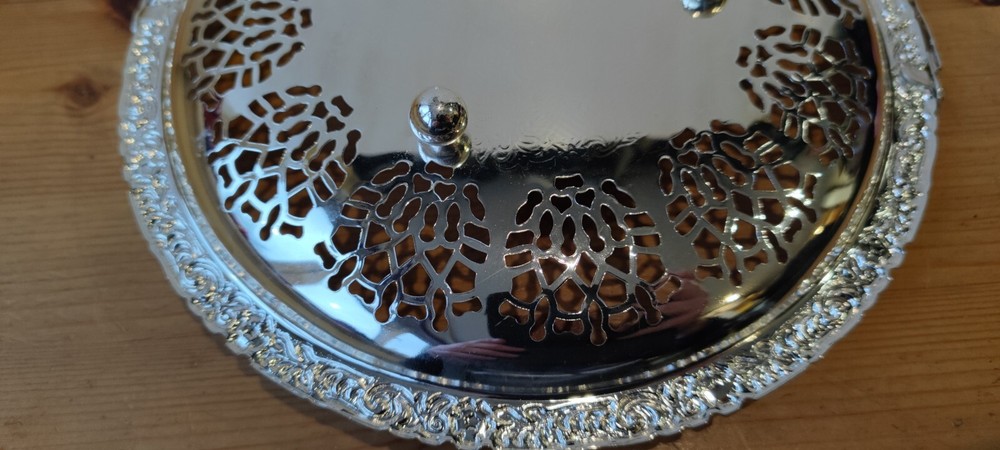 Vintage Silver Plated Cake Serving Plate. Pierced with Swing Handle - Prop/Decor