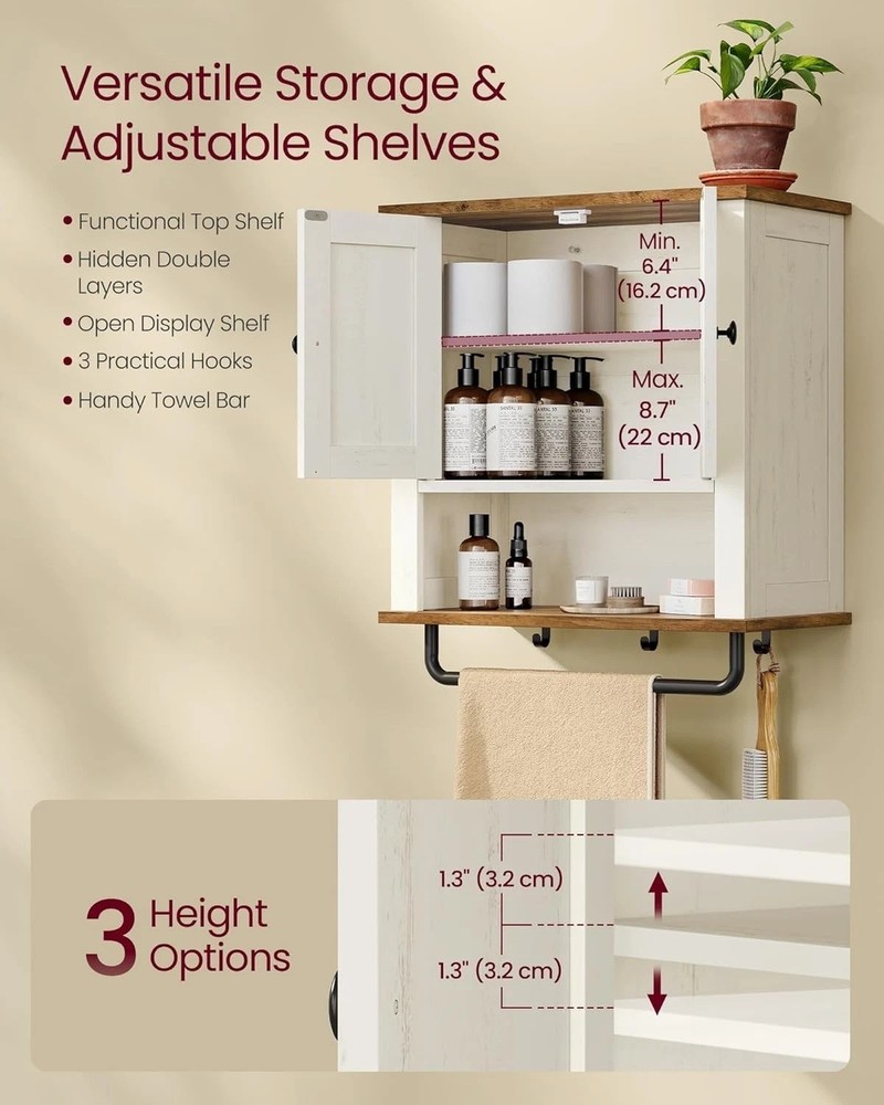 LIRY Rustic White Bathroom Wall Cabinet - 2 Barn Doors, Adjustable Shelf