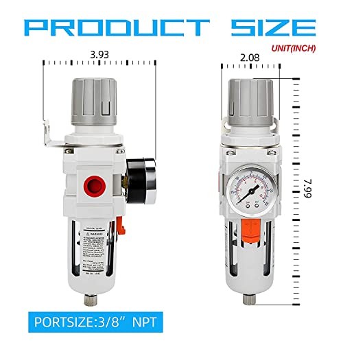 Compressed Air Filter Regulator 3/8" NPT Semi-Auto Drain, Metal Coupler&Plug