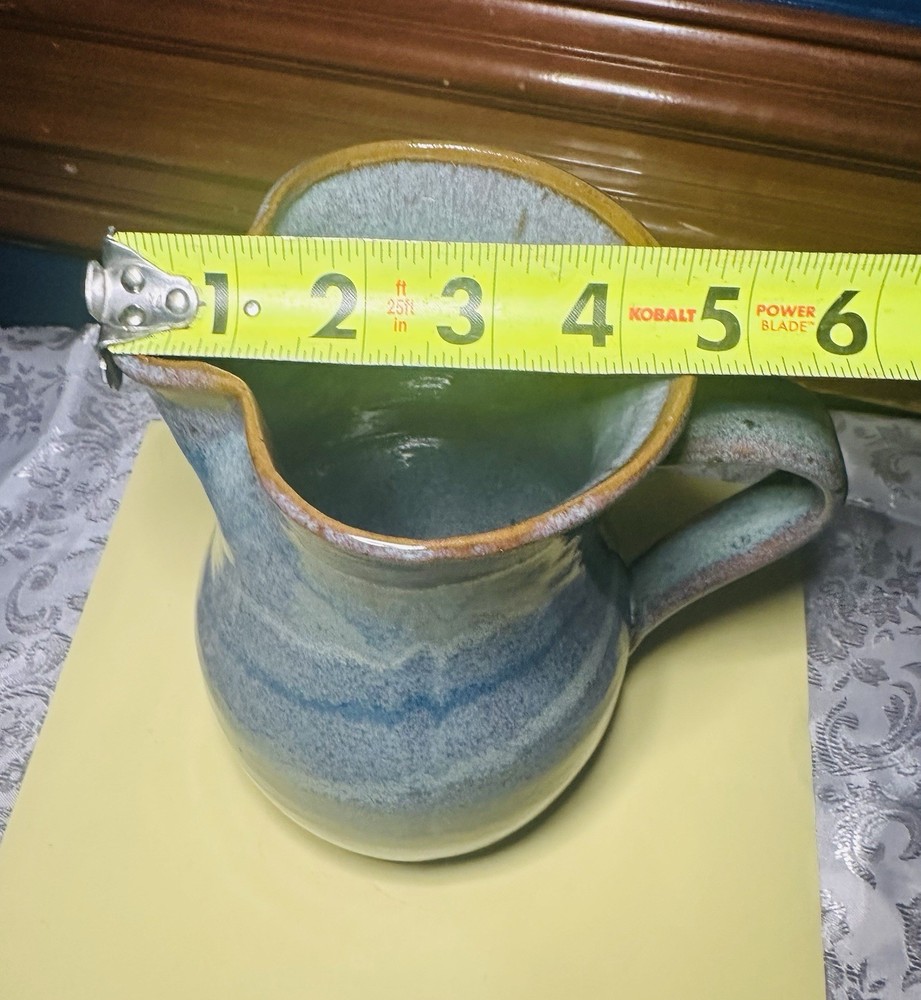 Vintage Stoneware Blue Drip Glazed Pitcher with Handle 9” Tall