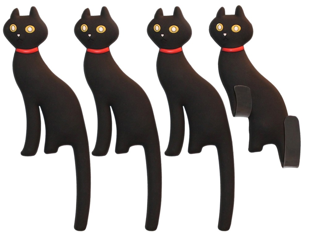 Black Cat Refrigerator Magnet Hooks - 4 pcs Kitty w/ Bendable Leg & Tail Hooks