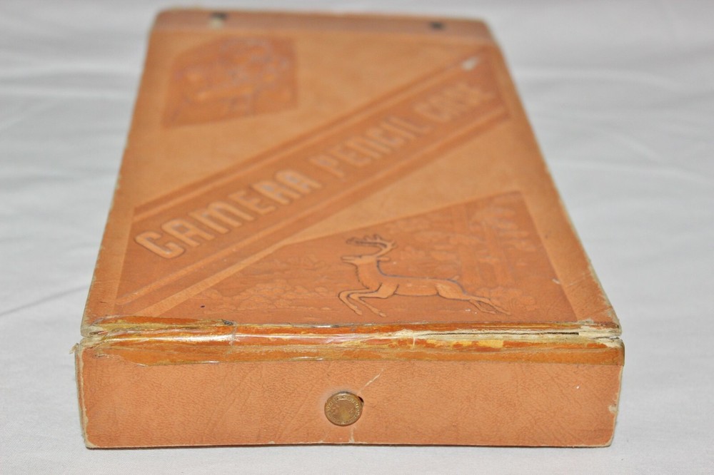 VINTAGE CAMERA SCHOOL PENCIL CASE SNAP CLOSURE WITH HANDLE BROWN