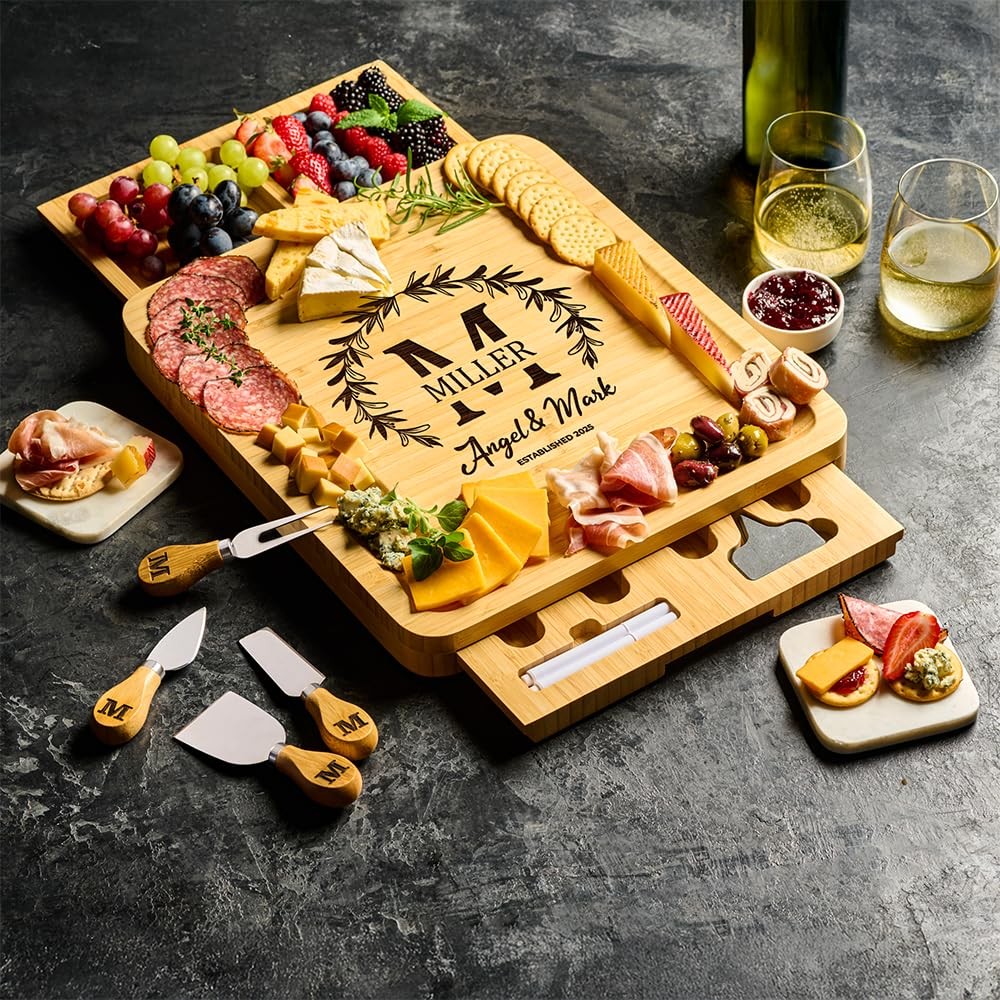 Custom Monogrammed Charcuterie Board - Personalized Cheese Board for Couples Gif