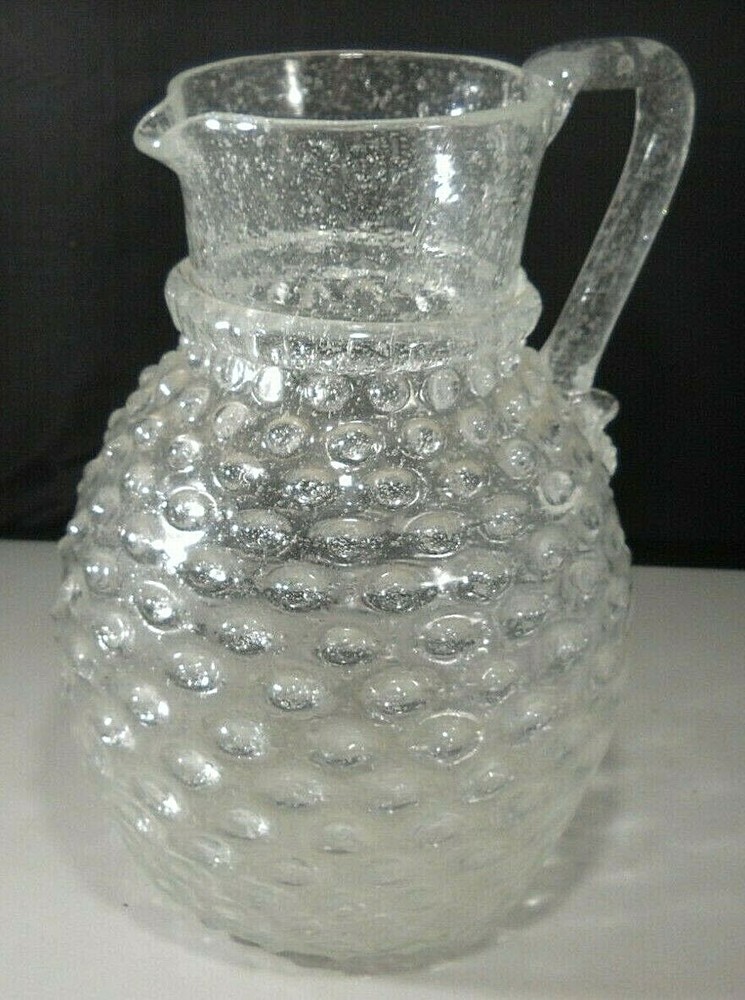 Vintage Clear Crackle Glass with Hobnail Pattern & Applied Handle Pitcher