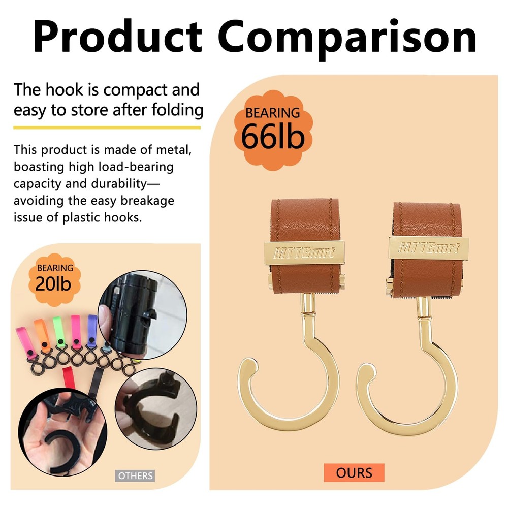 2 Pack Stroller Hooks,Strong Synthetic Leather Hook-and-Loop Fastener&High-Qu...