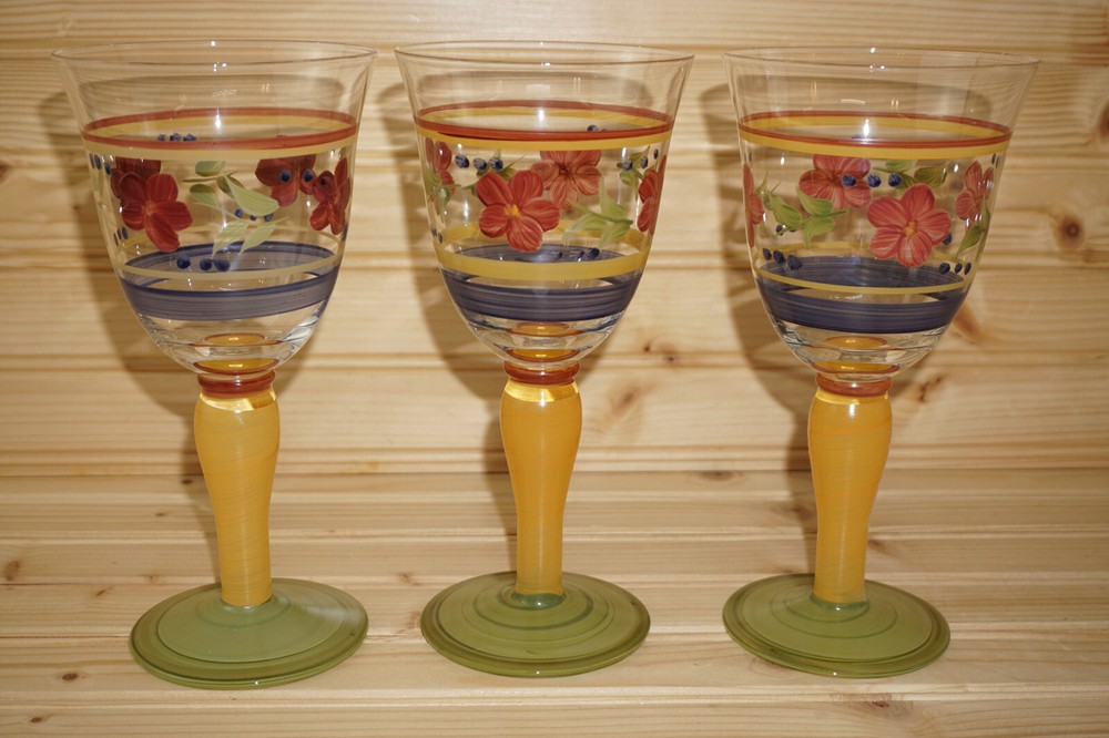 3 Hand Painted  Water or Wine Goblets, 7 3/4"  (S23)