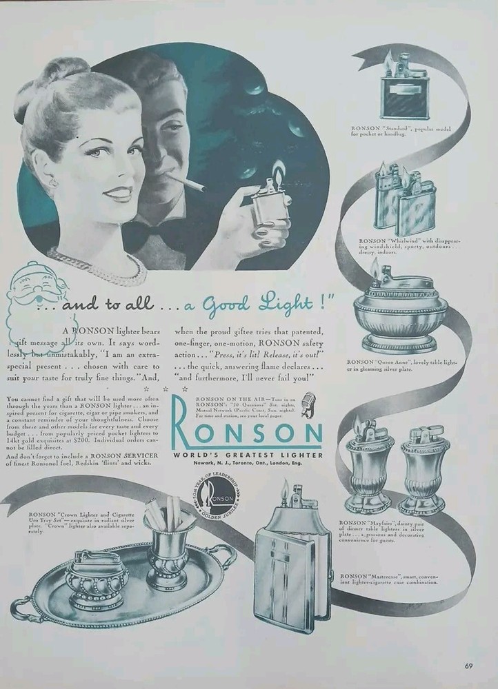 1946 vintage Ronson lighter Print Ad.
