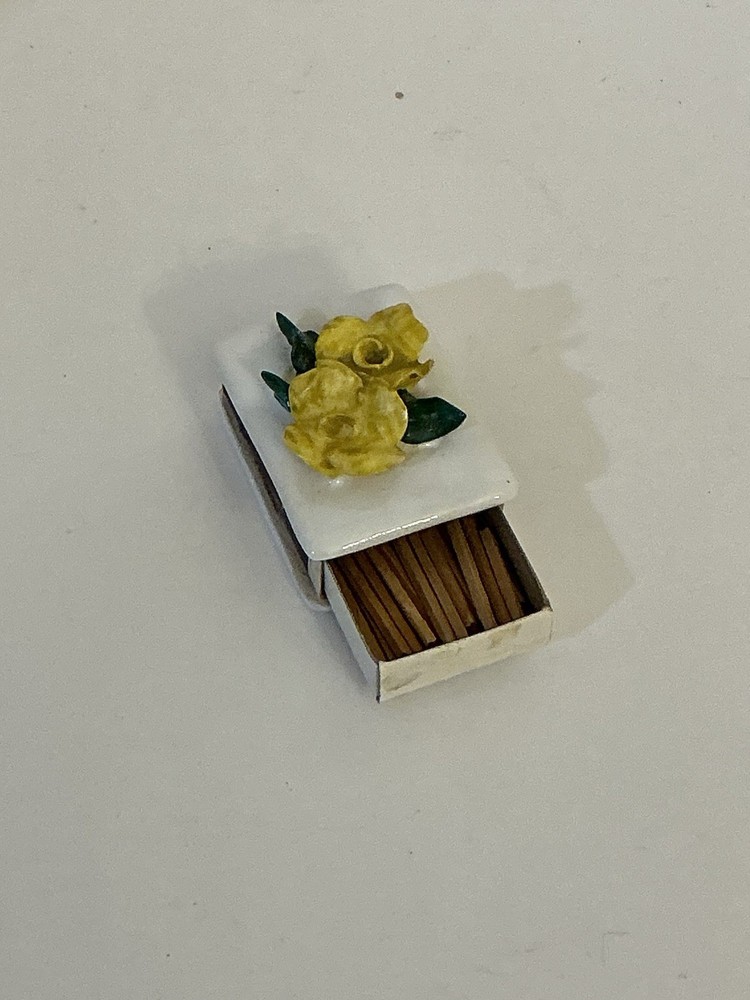 VINTAGE CERAMIC MATCHBOX WITH STRIKER Rose Pattern Brass