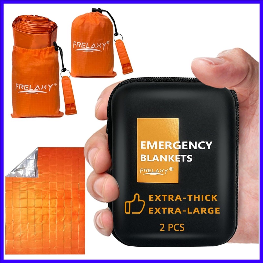 Emergency Blanket 2-Pack, Extra-Thick Extra-Large Space Blankets with Whistle...