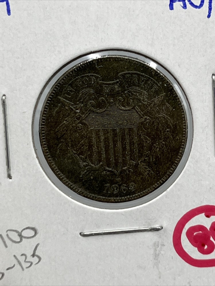 Two Cent Piece Coin 1869 AU About Uncirculated Dark