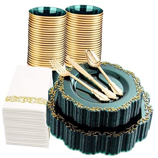 175PCS Clear Plastic Plates & Gold Plastic Silverware & Clear Cups & Green