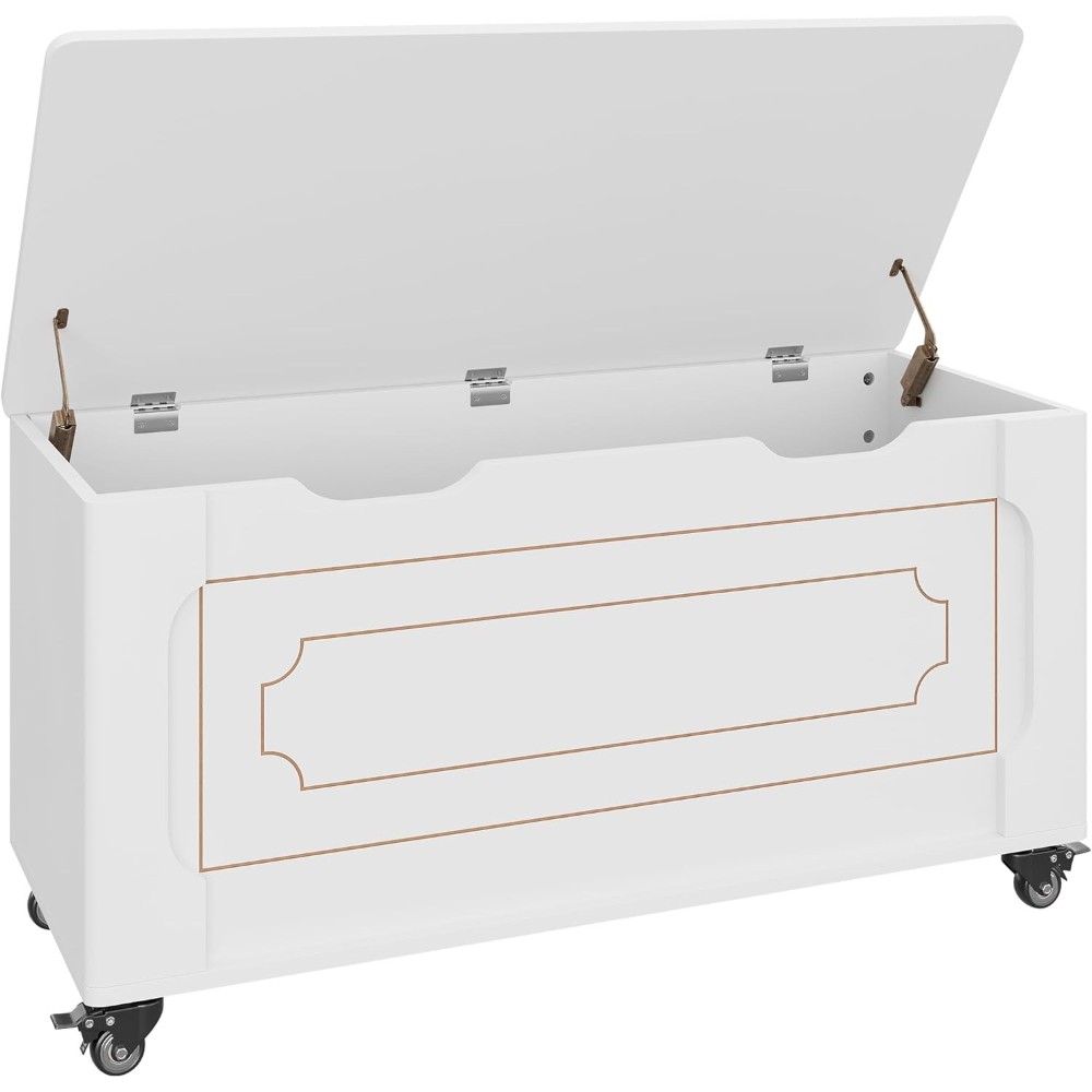 Versatile White Wood Storage Bench, Safety Hinge & Rounded Corner, 350lb Support