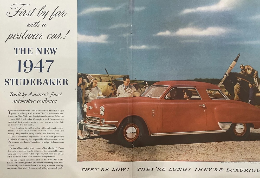 1947 vintage Studebaker Commander regal print ad with airplane backdrop