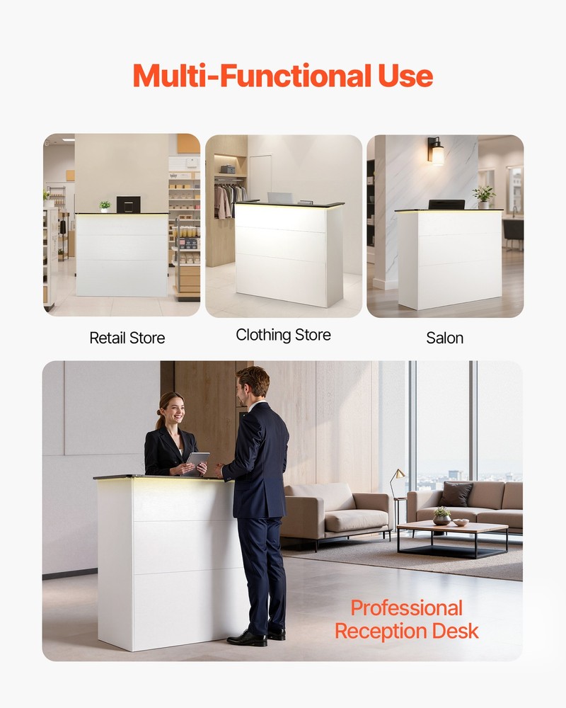 VEVOR Reception Desk 50 inch Rectangular Front Counter Table with LED & Drawers