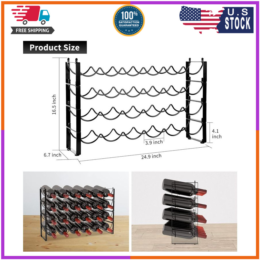 4 Tier Wine Rack, 3-In-1 24 Bottles Wine Storage, Wine Bottle Rack Stackable, Wi