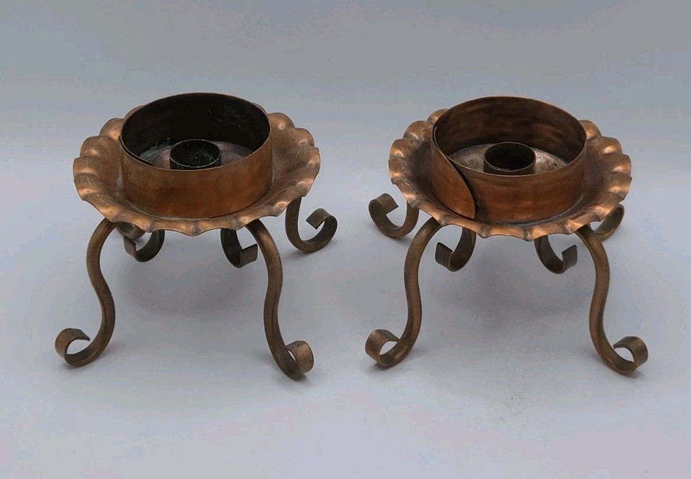 1960s Gregorian Pair Solid Copper Candle Holders • Arts & Crafts • USA