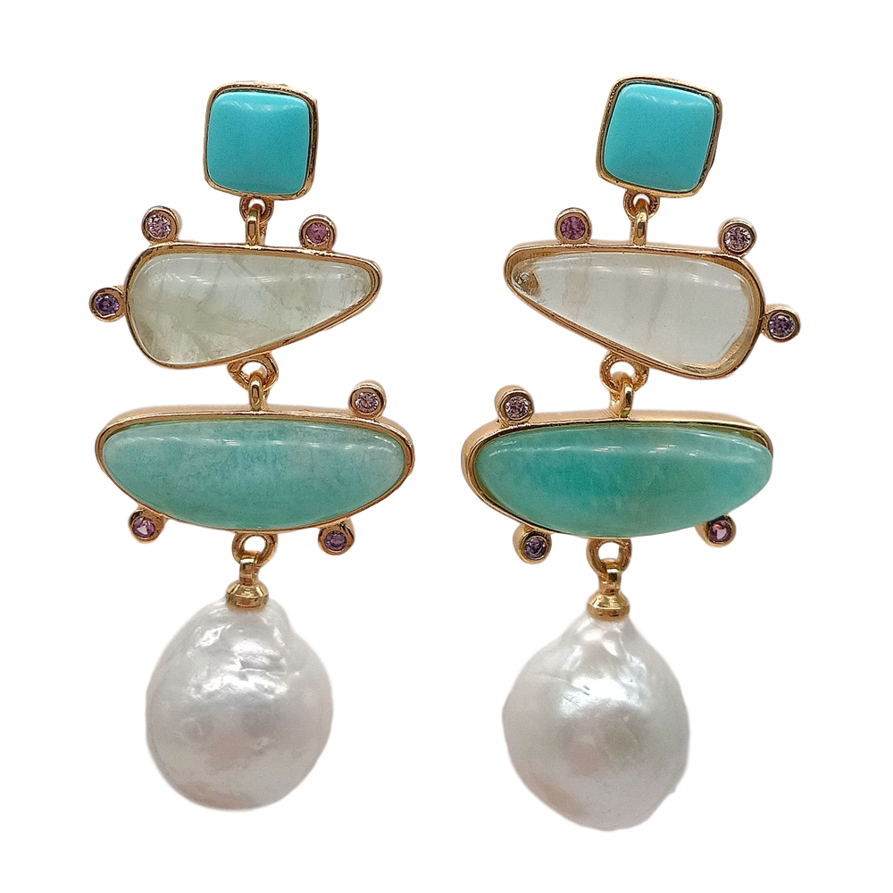 Freshwater White Pearl Blue Turquoise Green Amazonite Dangle Stud Earrings