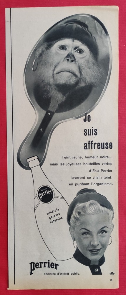 Press advertisement: PERRIER soft drink (back SOLI-glasses wax) 1954