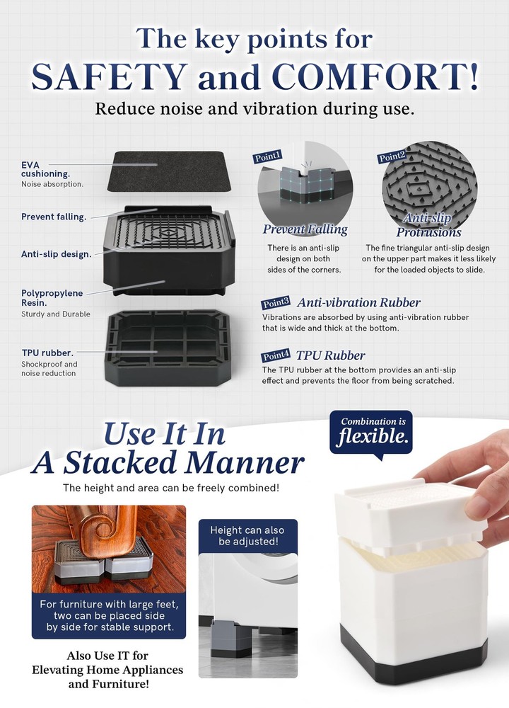 EclatBain Bed Risers Furniture Risers Heavy-Duty Rectangular Adjustable Block...