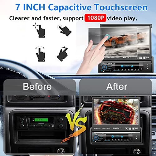 Single Din Touchscreen Car Stereo with Carplay & Android Auto, 7inch Flip Out